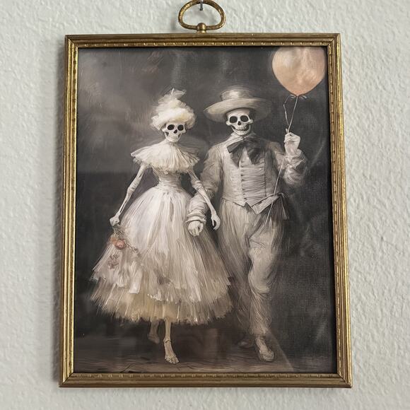 Framed Victorian Skeleton Couple Canvas Print Vtg‎ Brass Frame 8”x10” - Picture 1 of 5